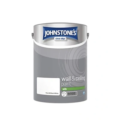 Image of Johnstone&#039;s Wall &amp; Ceiling Paint Brilliant White Silk Finish Emulsion Fantastic Coverage Easy to Apply Dry in 1 2 Hours 12m2 per Litre 5L