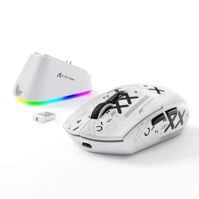 Image of MAMBASNAKE x ATTACK SHARK G3PRO Gaming Mouse with Magnetic Charging Dock, BT/2.4G Wireless/Wired, PixArt PAW3311 Sensor, 59g Lightweight, 25000 DPI LIGHTSPEED Gamer Office Mice, PC/Mac White Tape