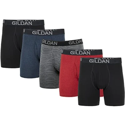 Image of Gildan Mens Cotton Stretch Boxer Briefs, Multipack, Blk/Heather Navy/Stripe/Heather Red (5 pack), L