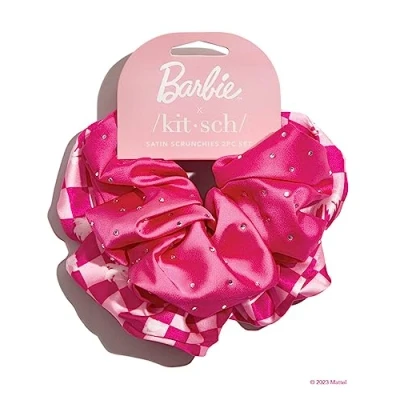 Image of Barbie x Kitsch Satin Brunch Scrunchies Softer Than Silk Hair Ties for Women &amp; Girls Stylish 2pc Set (Barbie Pink)