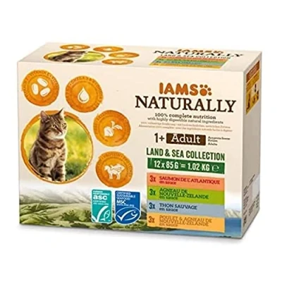 Image of IAMS Naturally Complete Wet Cat Food for Adult 1+ Cats Meat and Fish Variety in Gravy Multipack 12 x 85 g Pouches