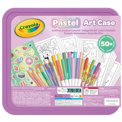 Image of CRAYOLA Pastel Art Case 50+ Pieces of Colouring Fun! Includes Crayons, Markers, Pencils, Stickers &amp; Paper Ideal for Kids Ages 4+