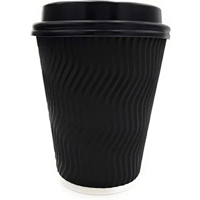 Image of Sterling Bargains 50 Pack Takeaway Coffee Cups with Lids Disposable Insulated Triple Wall Ripple Kraft Paper for Coffee, Tea or hot Liquids of (12 Oz.), Black