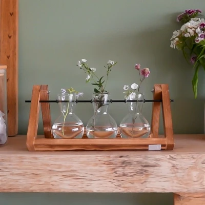Image of #winning Propagation Vases Triple Metal &amp; Wood Swivel Hydroponic Plant Terrarium