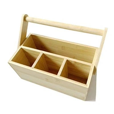 Image of Ecowonder Wooden Cutlery Organiser Utensil Holder Portable Kitchen Storage Caddy For &amp; Condiments Table Bar Basket Craft Art Box with Handle