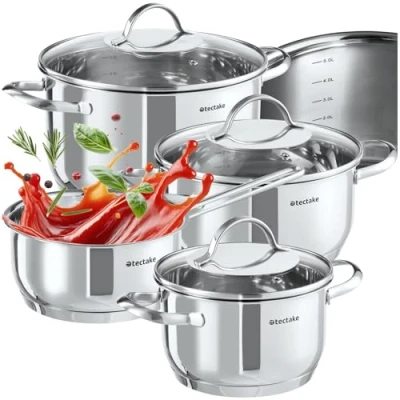Image of tectake® 7 Piece Pots &amp; Saucepan Set in Stainless Steel with Glass Lids, Dishwasher Safe Cookware Heat Resistant Handles Spiral Bases, Pot Pan for Induction, Gas Electric Stoves
