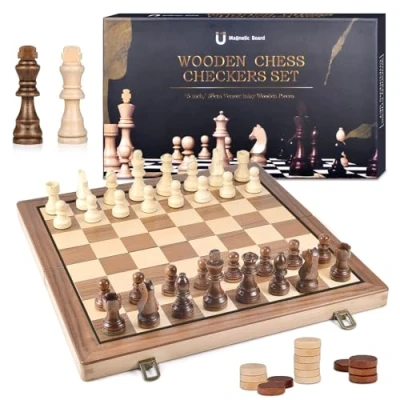 Image of 2 in 1 Chess Set, Wooden Board, Portable Foldable Travel Chess, Game Children, Magnetic Set for Party Family Activities 39 x cm