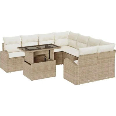 Image of vidaXL 9 Piece Garden Sofa Set with Cushions Beige Poly Rattan