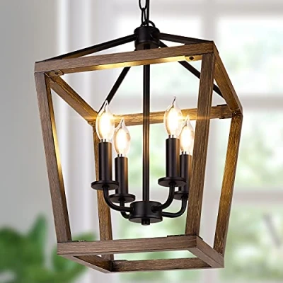 Image of Farmhouse Chandelier Light Fixture for Kitchen Dining Room, 4 Rustic Pendant Hanging Ceiling Height Adjustable in Oak Wood Finish, Cage Lantern Lighting with E12 Base Hallway Foyer