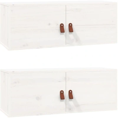 Image of vidaXL 2x Solid Wood Pine Wall Cabinets White Floating TV Unit Media Cabinet