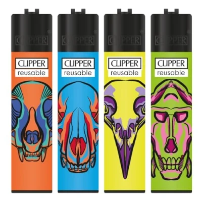 Image of Clipper Lighters 4pcs Set, Collection SET DESIGN (No Fuel) Mix Designs Refillable Assorted Colors Reusable Soft Flame Kitchen Lighter (Skull Zoo 4pcs)