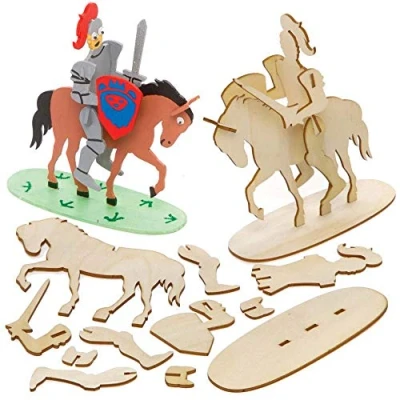 Image of Baker Ross FE277 Knight Woodcraft Kits Pack of 4, Wooden Crafts for Children to Decorate and Display, Kids Educational Activity