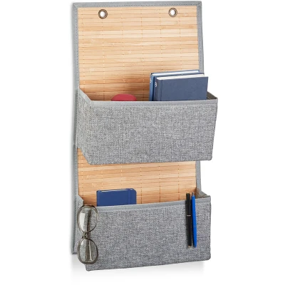 Image of Relaxdays Hanging Storage for Bathroom &amp; Hallway, 2 Compartments Door Organiser 62 x 33 12 cm, Bamboo Fabric, Gray
