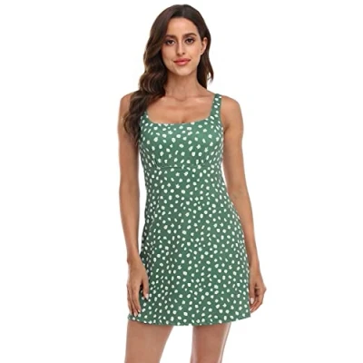Image of HDE Womens Exercise Workout Dress with Built in Shorts Sleeveless Athletic Dresses for Golf Tennis, Green Ditsy Floral W/Bra, XL