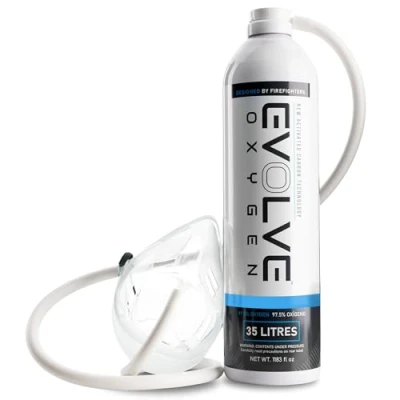 Image of EVOLVE 35 Litre Pure Oxygen Canister with Mask and Tube Portable Can Ideal for Home Use Outdoor Activities Designed by Firefighters Made in Britain Pack of 1