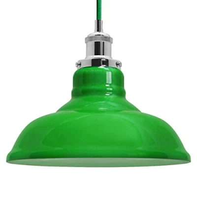 Image of Vintage Chrome Pendant Light Green Ceiling Lamp Shade Fitting Retro Glass Dome H3046