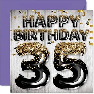 Image of 35th Birthday Card for Men Black &amp; Gold Glitter Balloons Happy Cards 35 Year Old Man Friend Brother Dad Uncle, 145mm x Thirty Five Fifth Bday Greeting Gift