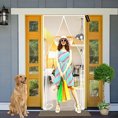 Image of Magnetic Screen Door 90x195cm(35x77inch) Magnets Heavy Duty Mesh Curtain Anti Mosquito Fly with Full Frame Hook&amp;Loop for Patio Balcony Garage Apartment White A