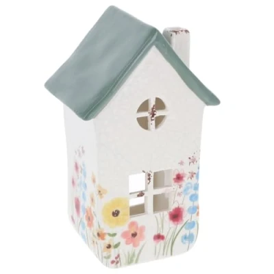 Image of Shudehill Giftware Meadow Garden House Pastel Coloured Tealight Holder Houses With Crackle Effect Pink, Grey, Sage Roof Floral Design (Sage)
