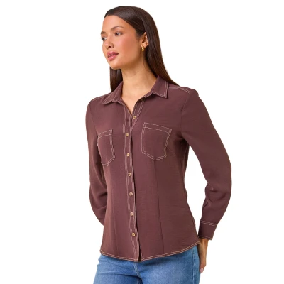 Image of Roman Womens Button Up Pocket Detail Collar Shirt Brown Size 10 UK