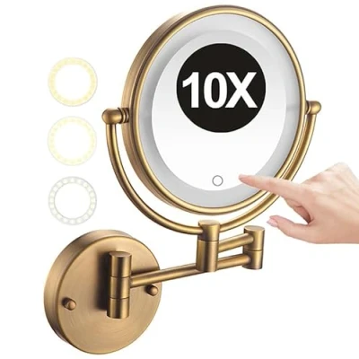 Image of REWIS 8&quot; Wall Mounted Lighted Makeup Vanity Mirror with Touch Screen Stepless Dimming &amp; 3 Color Lights, 2 Sided 1X/10X Magnifying LED Cosmetic Mirror, HD Shaving for Bathroom,Brass,Plug In