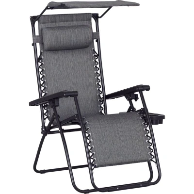 Image of Outsunny Foldable Reclining Garden Chair with Headrest, Zero Gravity Deck Sun Lounger Seat Footrest, Armrest, Cup Holder &amp; Canopy Shade, Grey