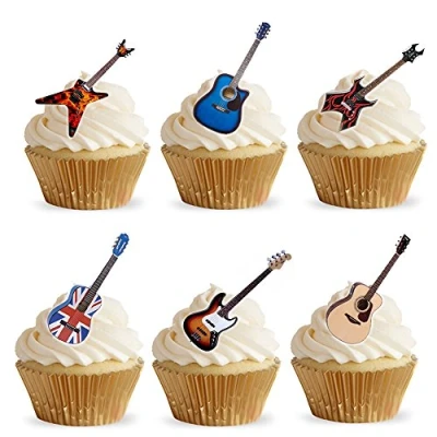 Image of 28 Stand Up Acoustic Rock Guitar Themed Edible Wafer Paper Cake Toppers Decorations