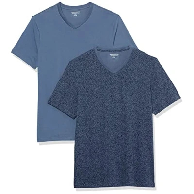 Image of Amazon Essentials Men&#039;s T Shirt Slim Fit Short Sleeved V Neck, Pack of 2, Floral Print/Washed Blue, XXL