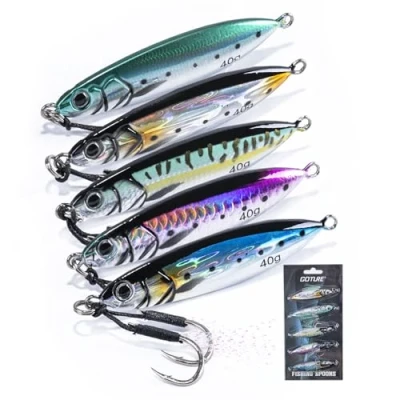 Image of Goture Fishing Jigs, 40g Vertical Jig Freshwater Saltwater, Lures with Assist Hook, 5Pcs Jigging Spoon for Tuna, Salmon, Bass, Trout