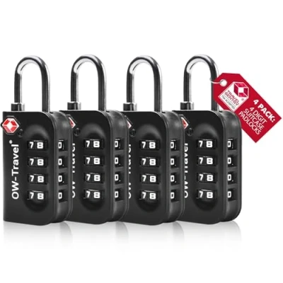 Image of OW Travel Luggage Locks TSA Approved (4 Pack Black) 4 Digit Suitcase Padlocks. Security Backpack Padlock Suitcase, Case Locks, Combination Lock Bag, Gym Locker Padlocks