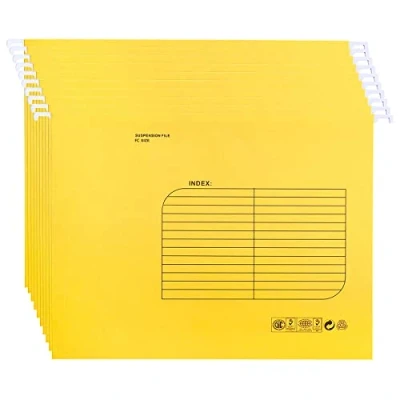 Image of Foolscap Suspension Files with Tab and Card Inserts (25 Pack,Yellow) Hanging Filing Folders FC Size Cabinet for Office School Home File Organization
