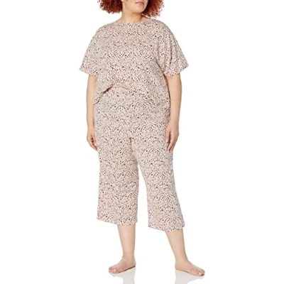 Image of Amazon Essentials Women&#039;s Knit Jersey Pyjama Set (Available in Plus Size), Beige Leopard, 5XL