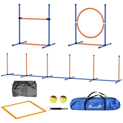 Image of PawHut Dog Agility Equipment Set, 8 Piece Outdoor Kit w/Weave Poles, Adjustable High Jump Ring, Hurdle, Pause Box, Tennis Balls, Whistle, Training Shorts, Carrying Bag, for Dogs Orange