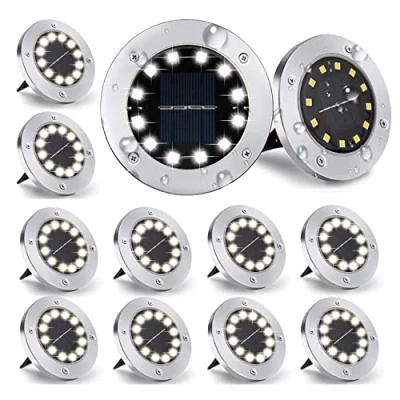 Image of Nurkoo [Pack of 12] Solar Floor Lights, Outdoor 12 LEDs, 800 mAh Disk Lights with Upgrade Panel, Garden Light, Lamp, Spotlight, Pool, Patios (Cool White)