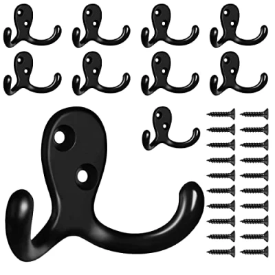 Image of 10 Pack Coat Hooks,Wall Hooks,Heavy Duty Double Prong Hooks Wall Mounted, for Hanging with 20 Screws Black Coat,Bag,Scarf,Towel,Hat,Key,Cup(Black)