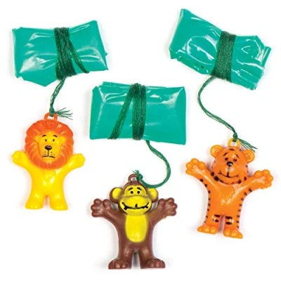 Image of Baker Ross AV162 Mini Animal Parachute Toys Pack of 8, Jungle Themed Party Bag Fillers for Kids Imaginative Play, Flying and Racing, Asst Colours