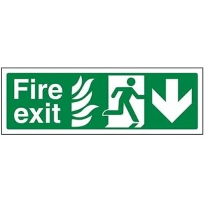 Image of VSafety NHS Fire Exit Arrow Down Sign Landscape 300mm x 100mm 1mm Rigid Plastic