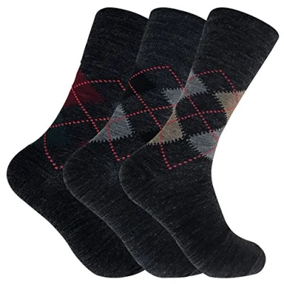 Image of 3 Pack Mens Thin Warm Loose Non Elastic Lambs Wool Blend Argyle Pattern Socks for Circulation (6 11 uk, SE049 Grey)
