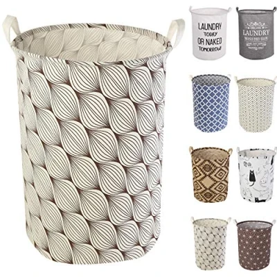 Image of LessMo 19.7&quot; Laundry Hamper, Collapsible Storage Basket With Easy Carry Handles, Waterproof Round Cotton Linen, for Baby Products, Toys, Bedroom Hamper Tree Leaf