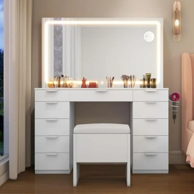 Image of YITAHOME Dressing Table &amp; stool set,Vanity Desk w/ 3 Color LED Lights Mirror,Lights Brightness Adjustable,Transparent Glass Top Vanity with 11 Drawers,Power Outlet,Whtie Makeup for Bedroom