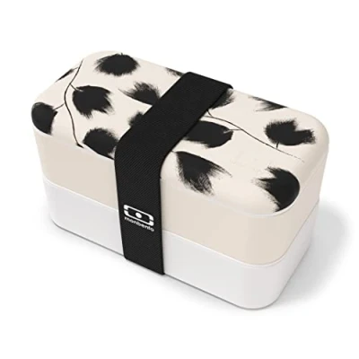 Image of monbento Bento Box MB Original Plume with Compartments Made in France 2 Tier Leakproof Lunch for Work/School Packing BPA Free Food Grade Safe Containers Beige Feathers