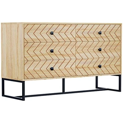 Image of HOMCOM Bedroom Chest of Drawers, 6 Drawer Dresser, Sideboard Cabinet with Zigzag Design and Metal Base, Storage Unit, 120x71cm, Natural