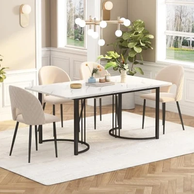 Image of ModernLuxe Dining Table in Marble Pattern, Metal Frame Rectangular Kitchen with Adjustable Feet for Room Living Room, 140x80cm, White Desktop &amp; Black Legs, 1PC