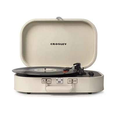 Image of Crosley Discovery Portable Turntable Bluetooth Record Player, 3 Speed Suitcase Vinyl Home Turntables for Records, Built in Stereo Speakers &amp; Receiver, AUX Input, Dune