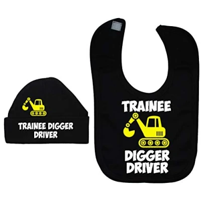 Image of Acce Products Trainee Digger Driver Baby Feeding Bib &amp; Beanie Hat 0 3 Months Black
