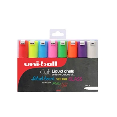 Image of uni ball PWE 8K Liquid Chalk Pens. Multi Purpose Wipeable Coloured Markers for Blackboards, Chalkboards, Whiteboards, Glass, Mirrors, Plastic, Windows, Metal. Safe Kids. Chisel Tip 8mm. 8 Pack