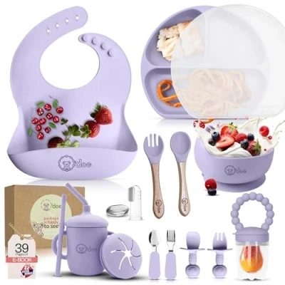 Image of O&#039;doe 17 Piece Baby Led Weaning Feeding Supplies for Toddlers, Set Suction Silicone Bowl Self Eating Utensils with Spoons, Bibs, Sippy Cup, Food Plate Kit Lid Pruple V2