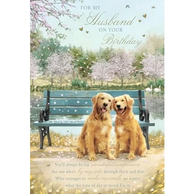 Image of Noel Tatt Husband Birthday Card Golden Retrievers, Blossom and Sentiment Verse Eco Friendly Recyclable