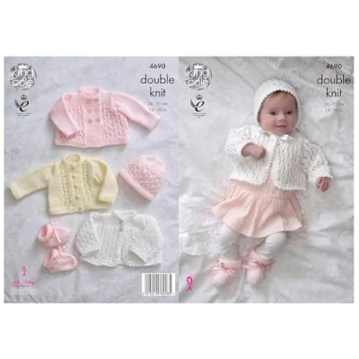Image of King Cole Baby Double Knitting Pattern for Matinee Coat Jacket Cardigan Bonnet Hat &amp; Bootees (4690) by