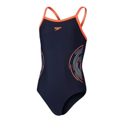 Image of Speedo Girls Plastisol Placement Thinstrap Muscleback Swimsuit for kids, Size: 7 8y, True navy/siren red/picton